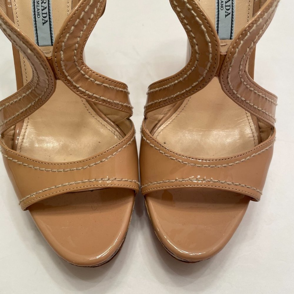Prada Beige Patent Leather Wooden Wedge Sandals - image 5